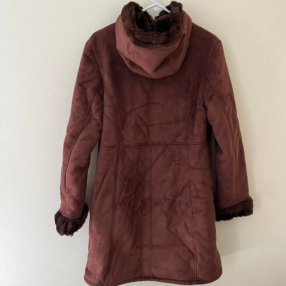 Gallery Long Brown Faux Fur Zip Up Hooded Coat Women's Size Medium - Picture 6 of 7